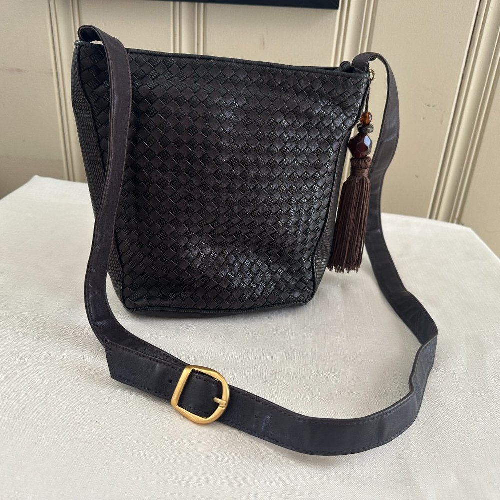 Woven Leather Crossbody Bag with Tassel - Black